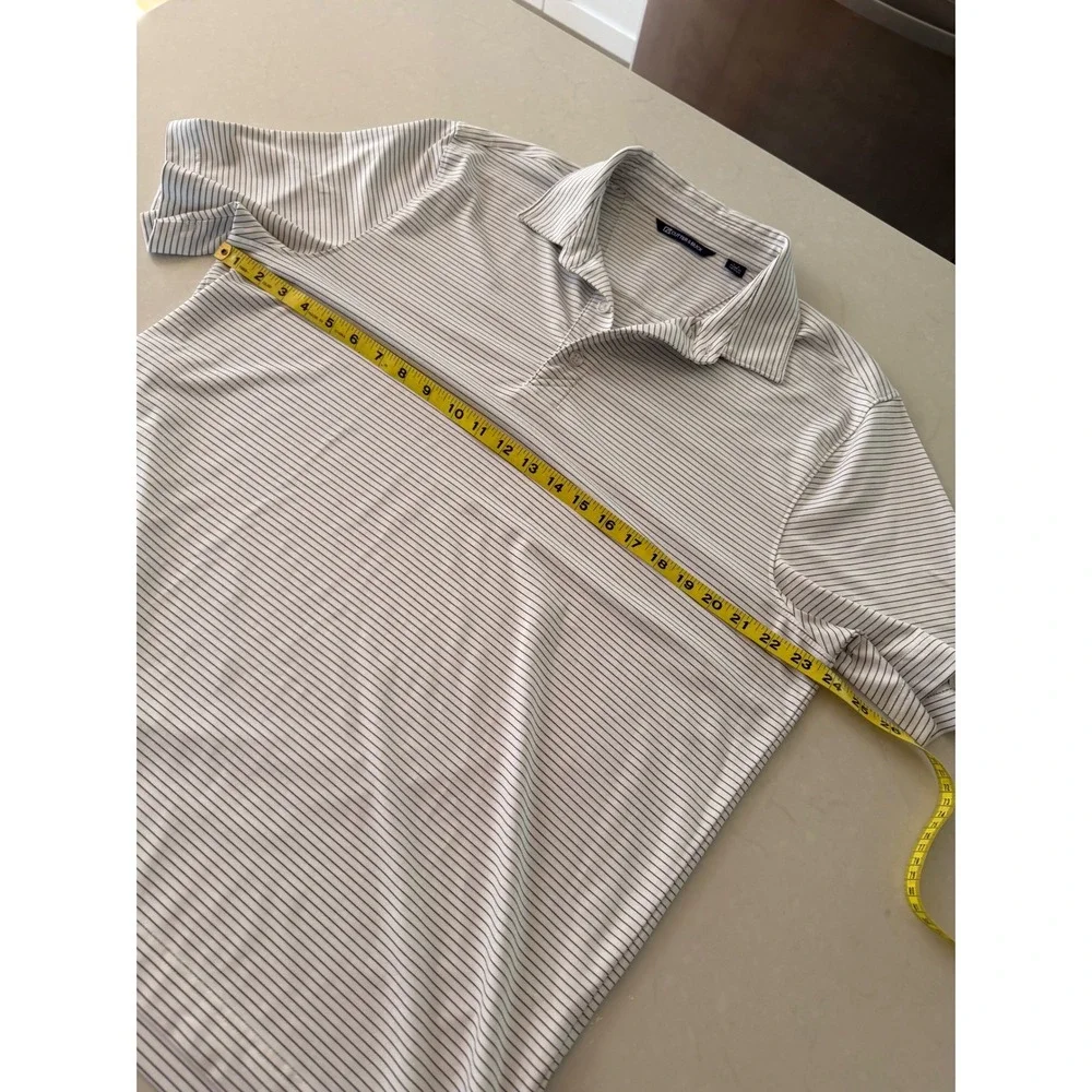 Cutter & Buck Mens Large White Navy Striped Short Sleeve Golf Polo Shirt Stretch